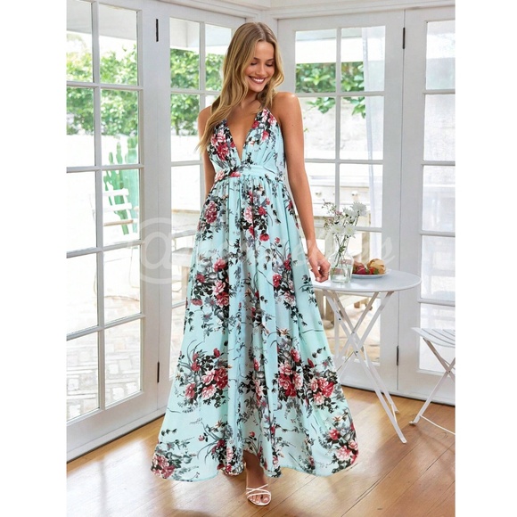 Backless Floral Print Maxi Dress Criss Cross - Picture 6 of 14